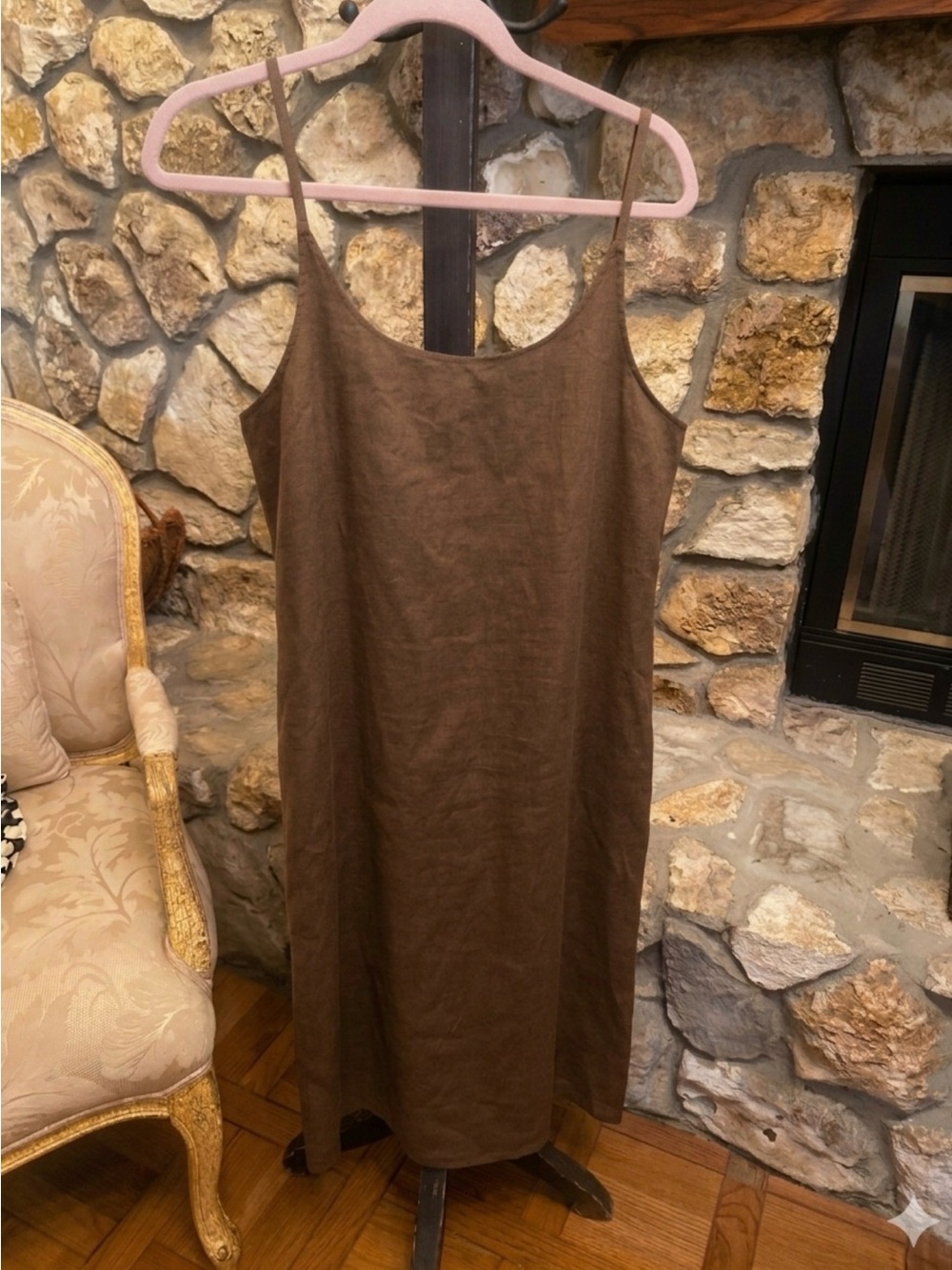 Eileen Fisher Organic Linen Chocolate Brown Dress with Spaghetti Straps XL